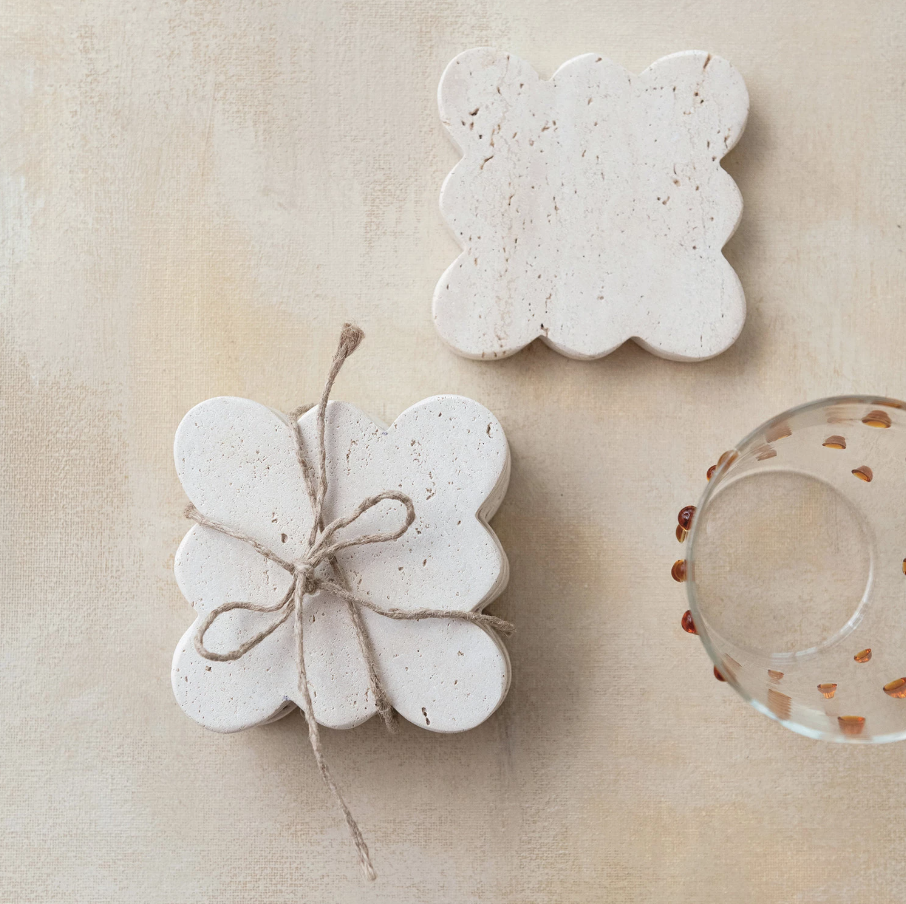 Travertine Coasters w/ Scalloped Edge, S/4