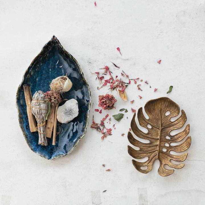 Stoneware Leaf Shaped Plate, Reactive Crackle Glaze