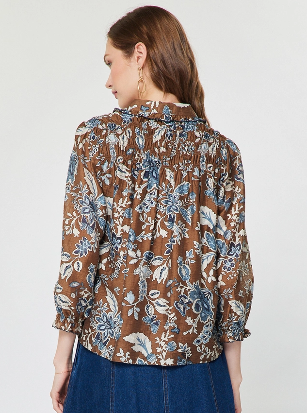 Botanical Floral Print Blouse, Blue & Brown Multi