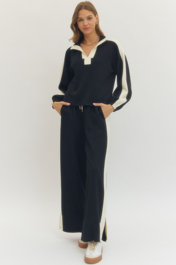 Contrast Knit Pants, Black