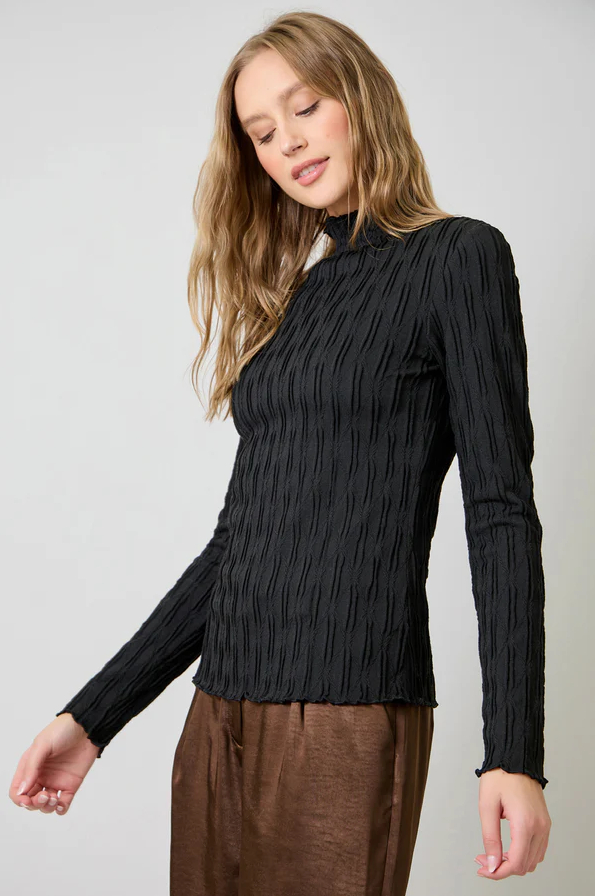 Lettuce Edge Textured Knit Top, Black