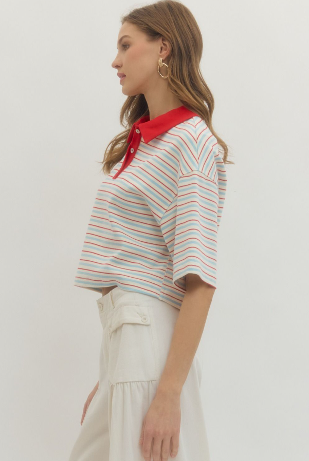 Striped Croppped Polo, Red - 13 Hub Lane   |  