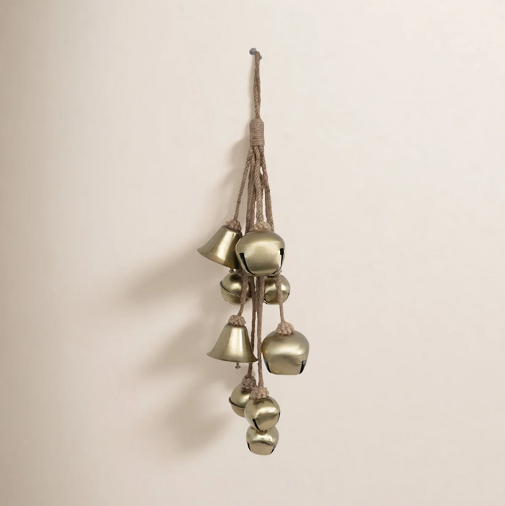 Metal Bell Cluster w/ Jute Rope, Brass