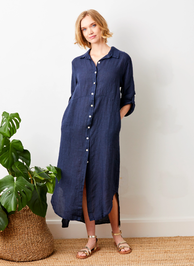 Larino Linen Button Thru Dress, Navy