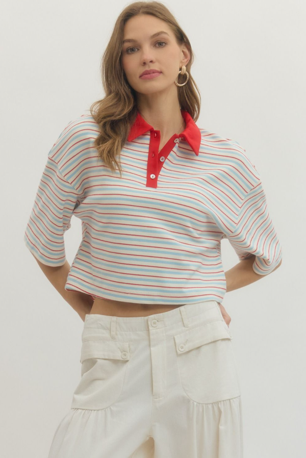 Striped Croppped Polo, Red - 13 Hub Lane   |  