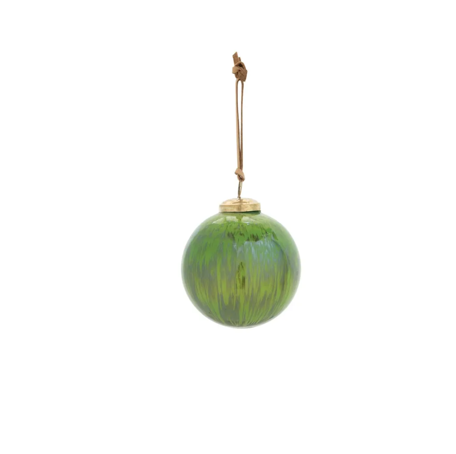 Green Marbled Glass Ornament w/ Leather Strap