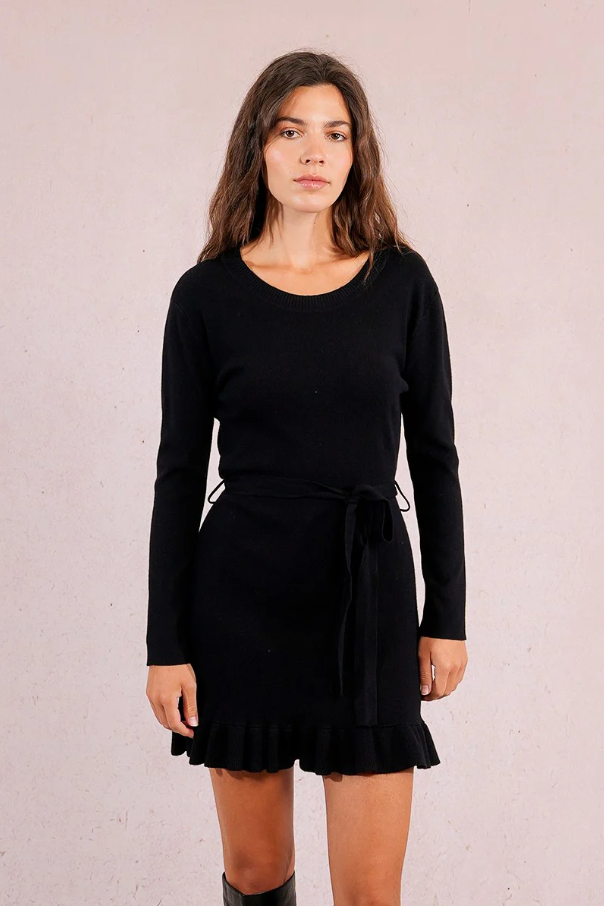 Belted Ruffle Knit Mini, Black - 13 Hub Lane   |  Mini Dresses
