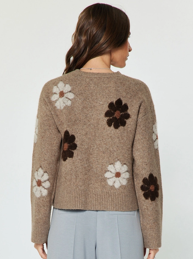 Floral Motif Crew Neck Sweater, Mocha Multi