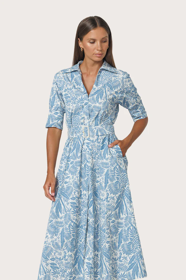 Chrissie Belted Maxi Poplin Dress, Botanical