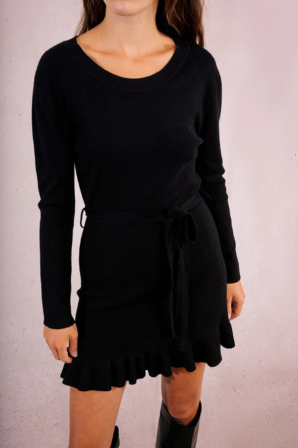 Belted Ruffle Knit Mini, Black - 13 Hub Lane   |  Mini Dresses