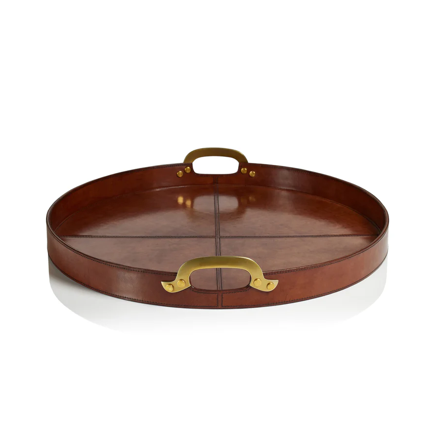 Aspen Leather & Brass Round Tray - 13 Hub Lane   |  Leather Trays