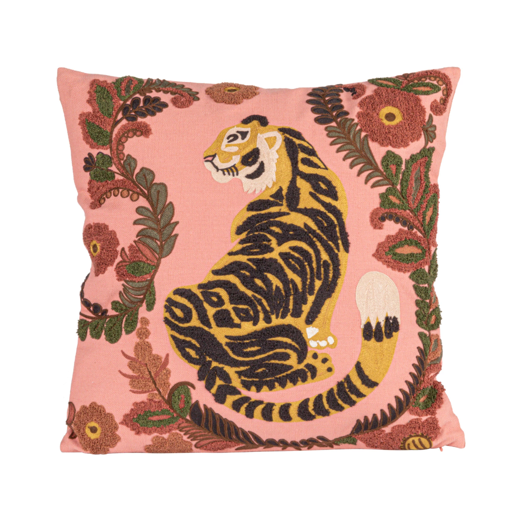 Cotton Slub Pillow w/ Embroidered Tiger & Flowers