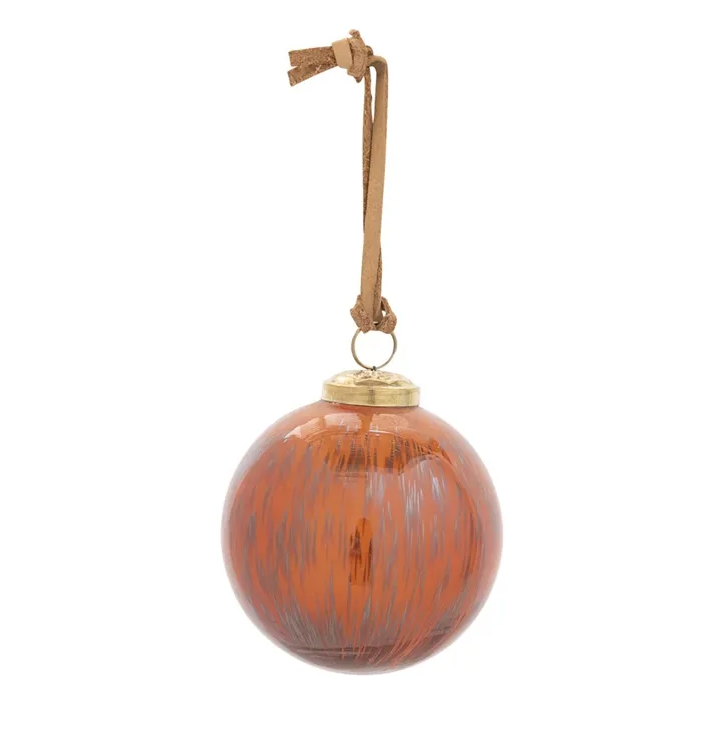 Orange Marbled Glass Ornament w/ Leather Strap