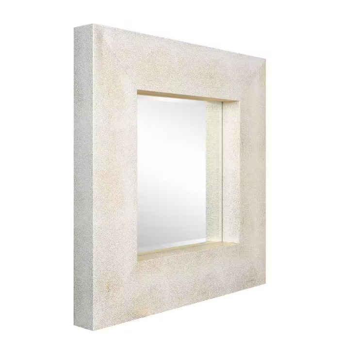 Gold on White Shagreen Leather Beveled Mirror