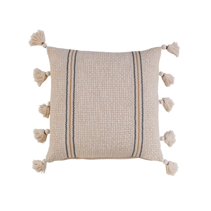 Woven Cotton Pillow w/ Embroidery & Tassels