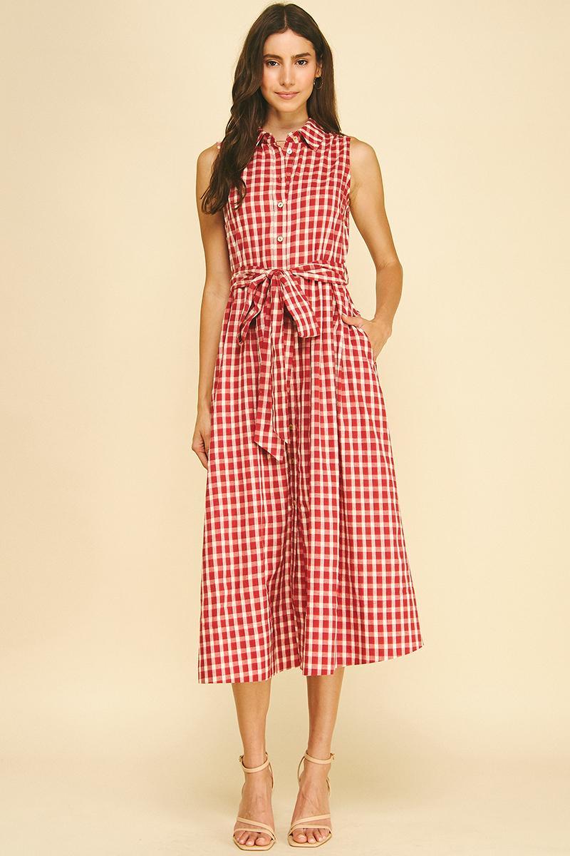 Gingham Check Button Down Midi Dress, Red L