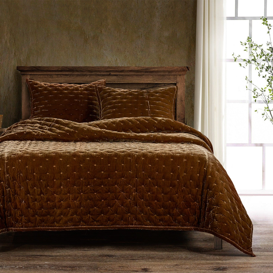 Stella Faux Silk Velvet Pintuck 3PC Quilt Set, Copper Brown - 13 Hub Lane   |  Matching Bedding