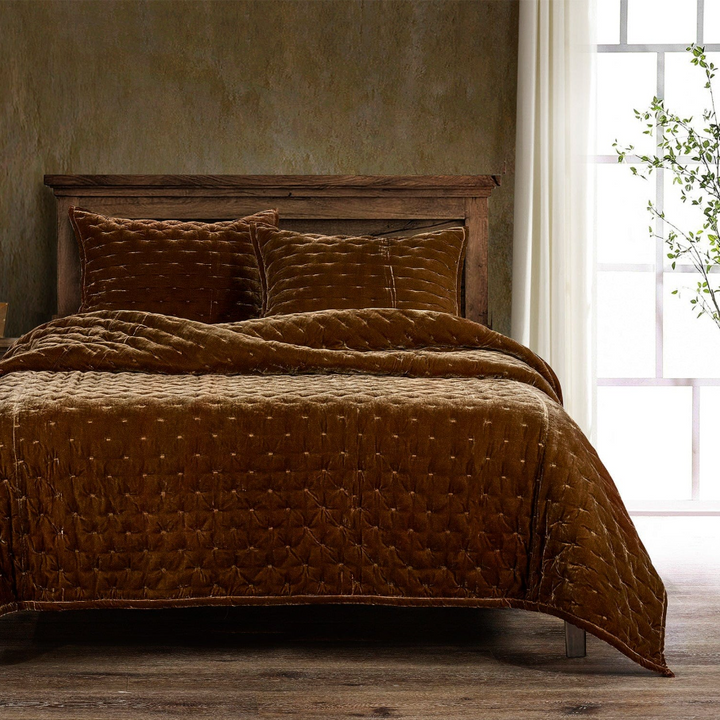 Stella Faux Silk Velvet Pintuck 3PC Quilt Set, Copper Brown - 13 Hub Lane   |  Matching Bedding