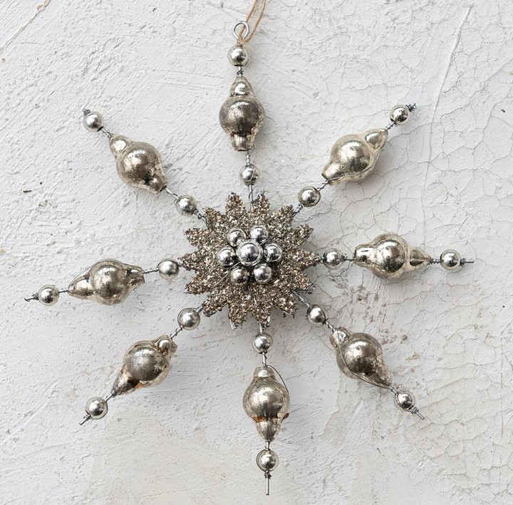 Mercury Glass Snowflake Ornament w/ Tinsel