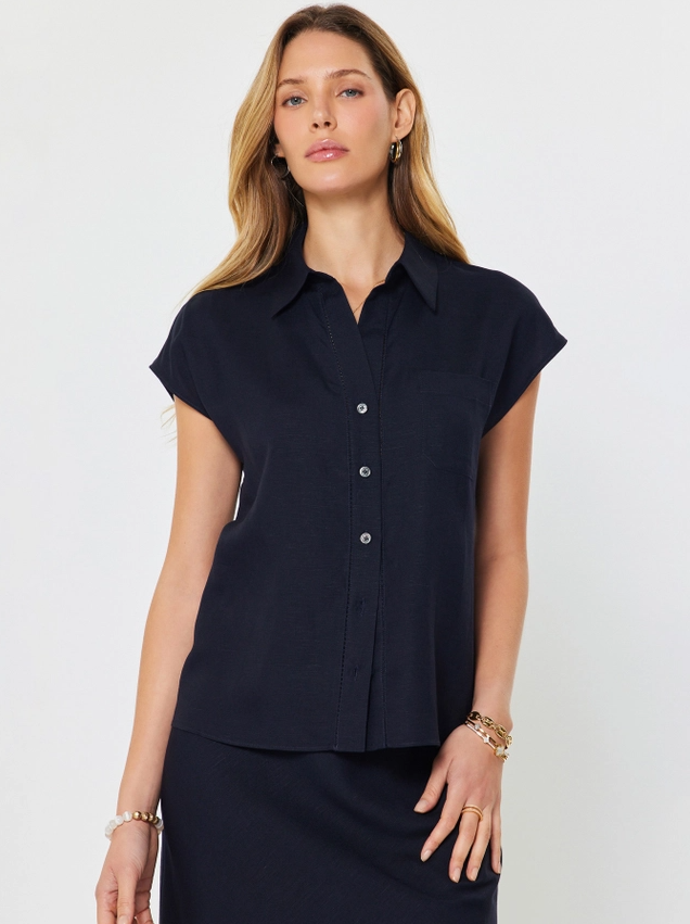 Linen Blend Cap Sleeve Blouse, Navy - 13 Hub Lane   |  Button-Ups