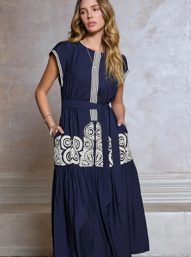 Boho Embroidery Tiered Midi, Navy