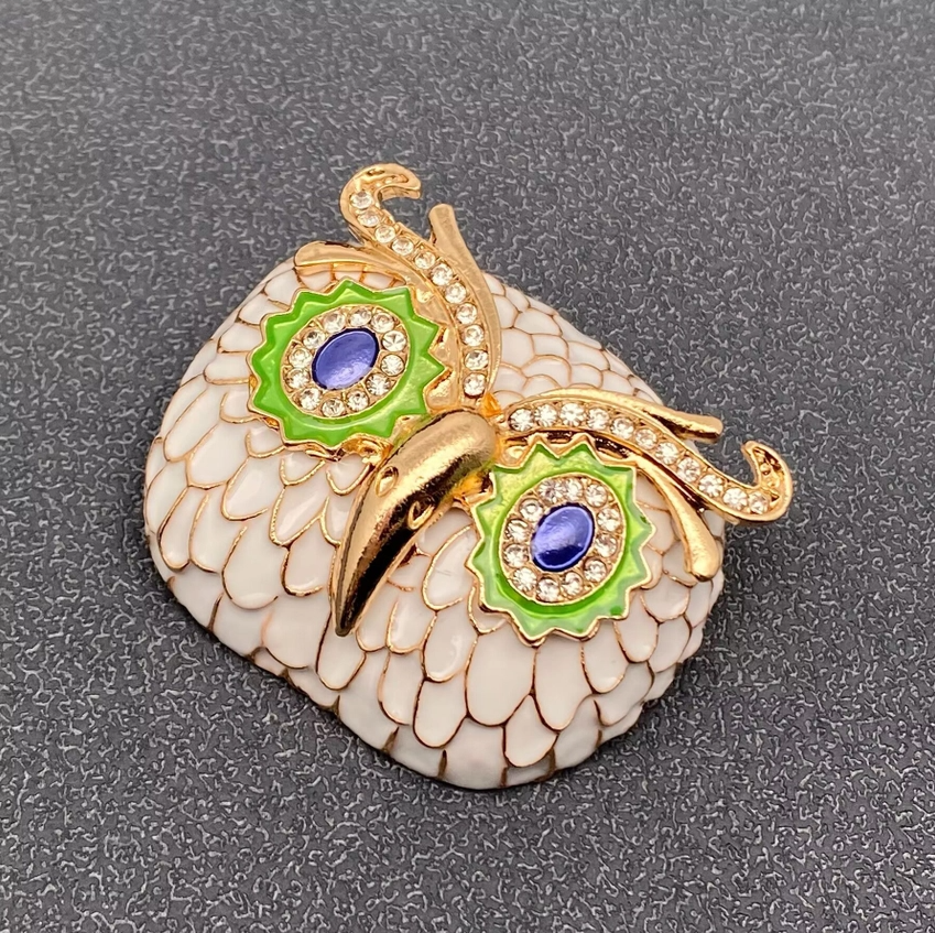 Rhinestone & Enamel Owl Head Brooch