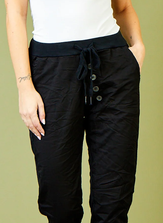 Becca Diagonal Button Joggers, Black