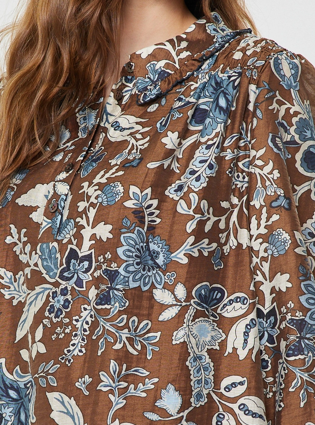 Botanical Floral Print Blouse, Blue & Brown Multi