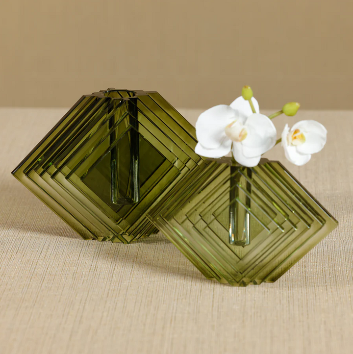 Stacked Concentric Diamond Motif Crystal Glass Vase, Green - 13 Hub Lane   |  Glass Vases