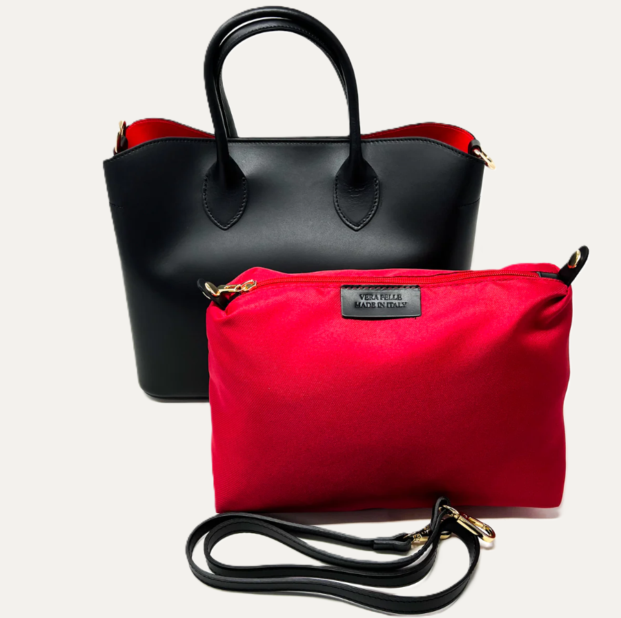 Italian Leather Red Interior Bag, Black