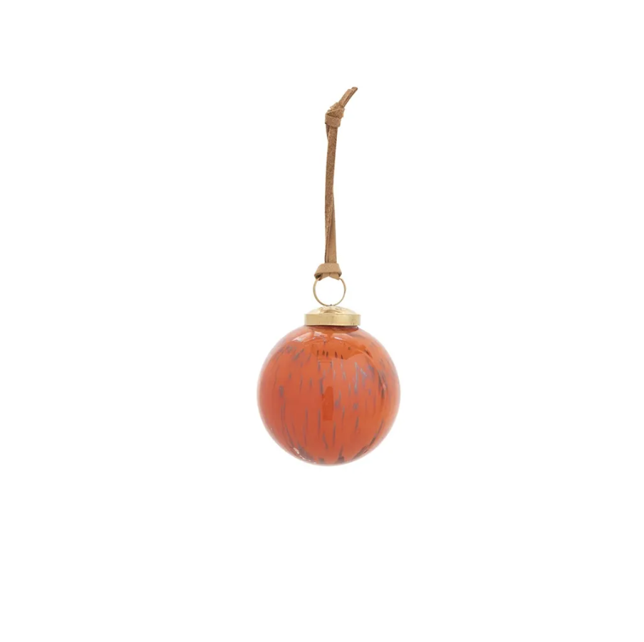 Orange Marbled Glass Ornament w/ Leather Strap