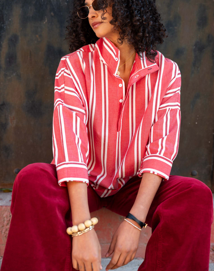 Emerson Top, Rojo Wide Stripe - 13 Hub Lane   |  Ruffle Collar Button-Ups