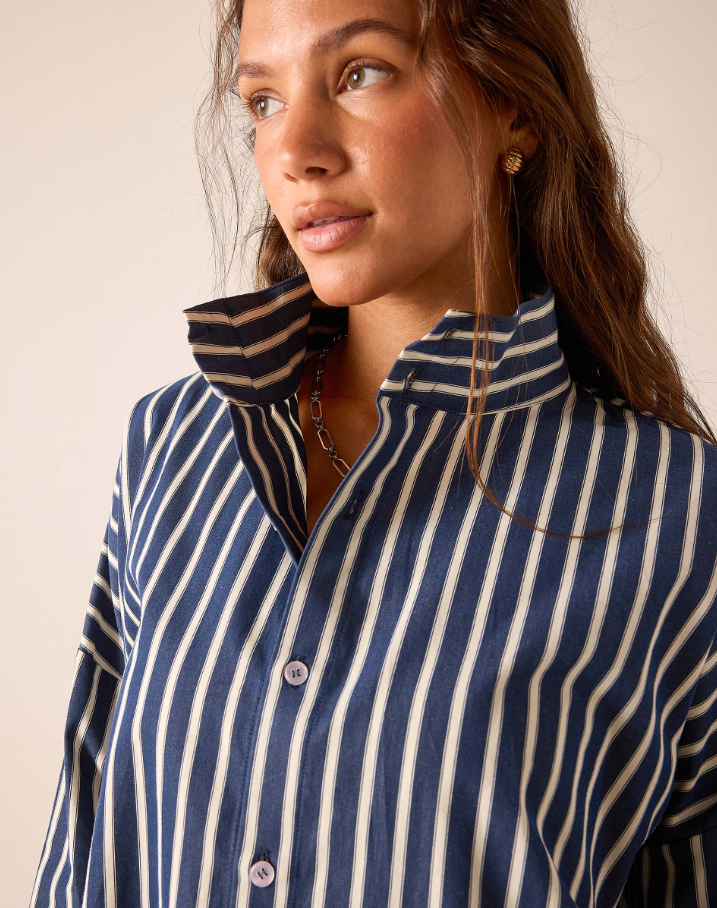 Emerson Pop Up Collar Top, Deep Blue Stripe
