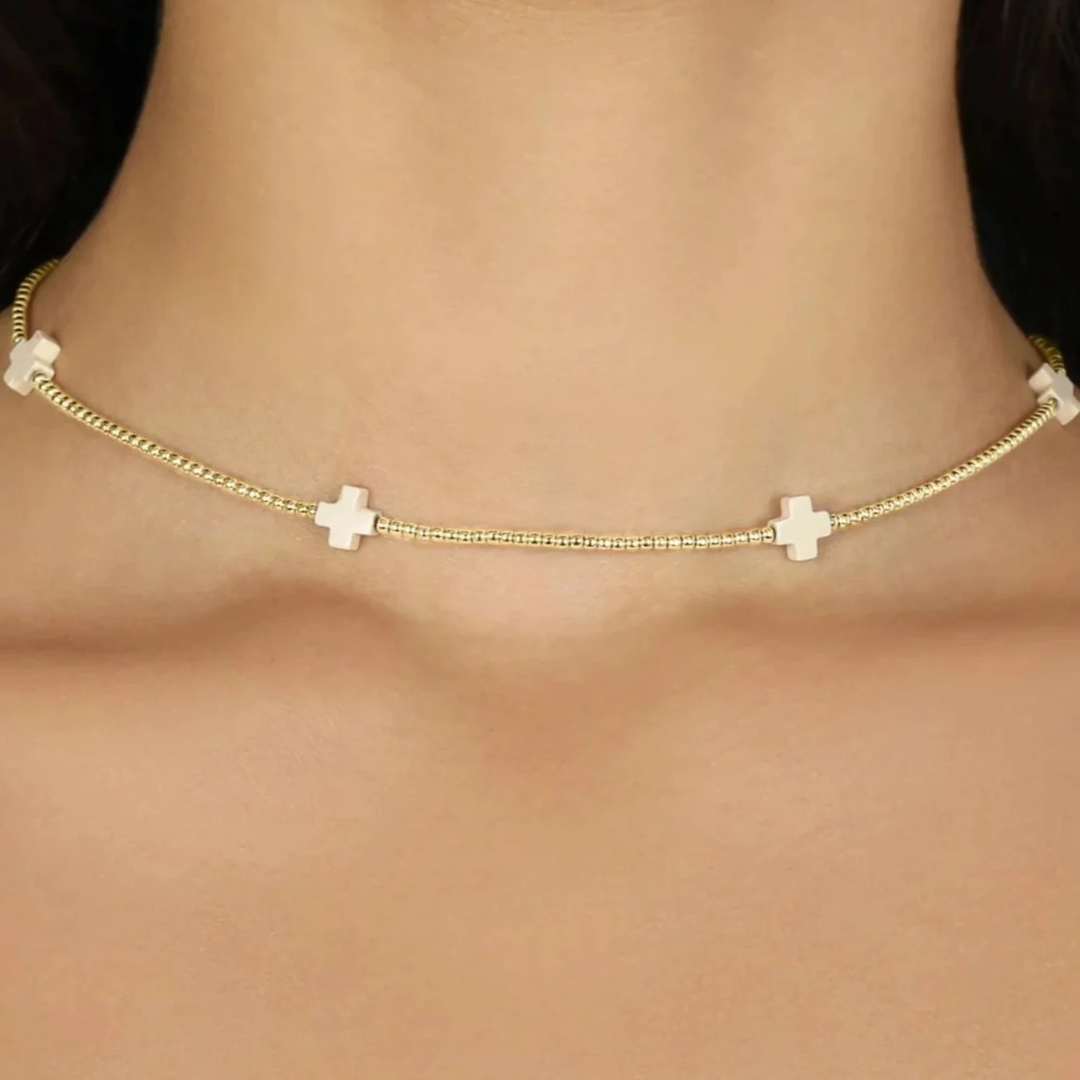 enewton 15" choker signature cross gold pattern 2mm bead  off-white - 13 Hub Lane   |  