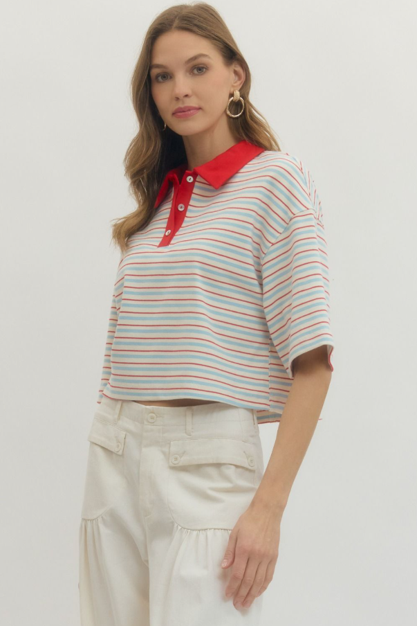 Striped Croppped Polo, Red - 13 Hub Lane   |  