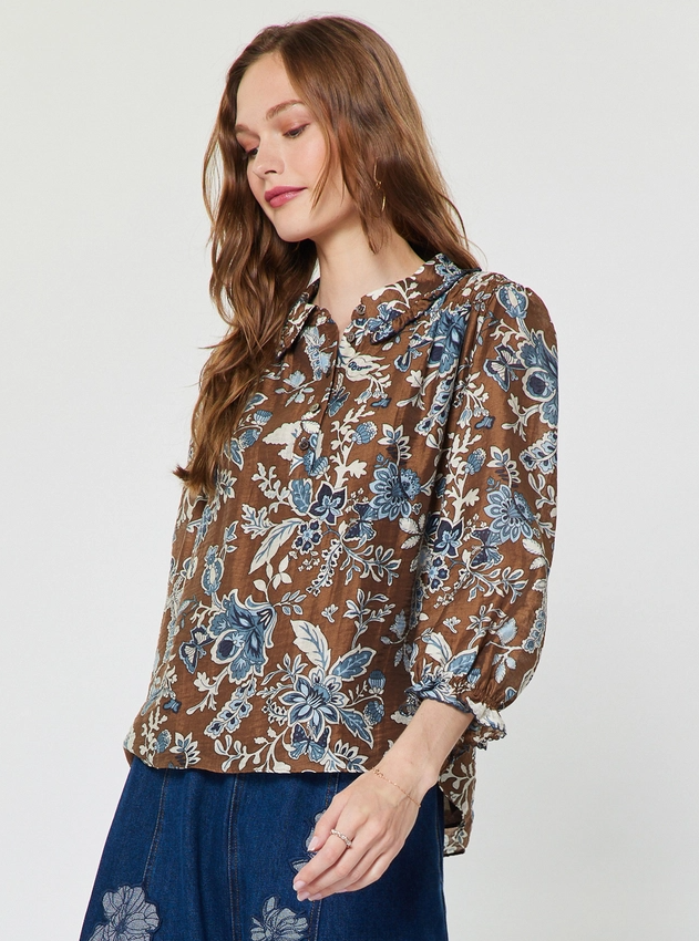 Botanical Floral Print Blouse, Blue & Brown Multi