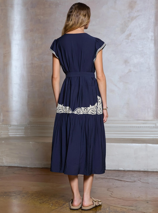 Boho Embroidery Tiered Midi, Navy
