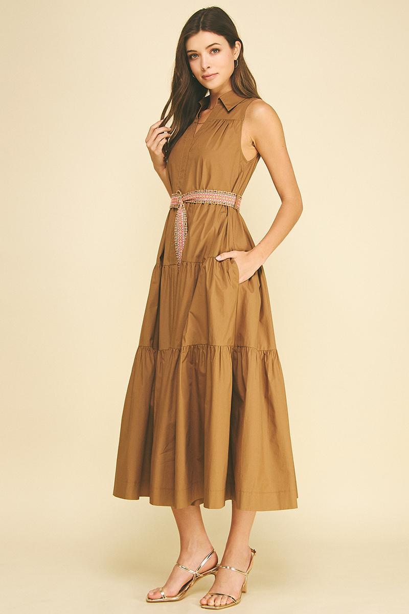 Tiered Midi Dress w/ Belt, Mocha