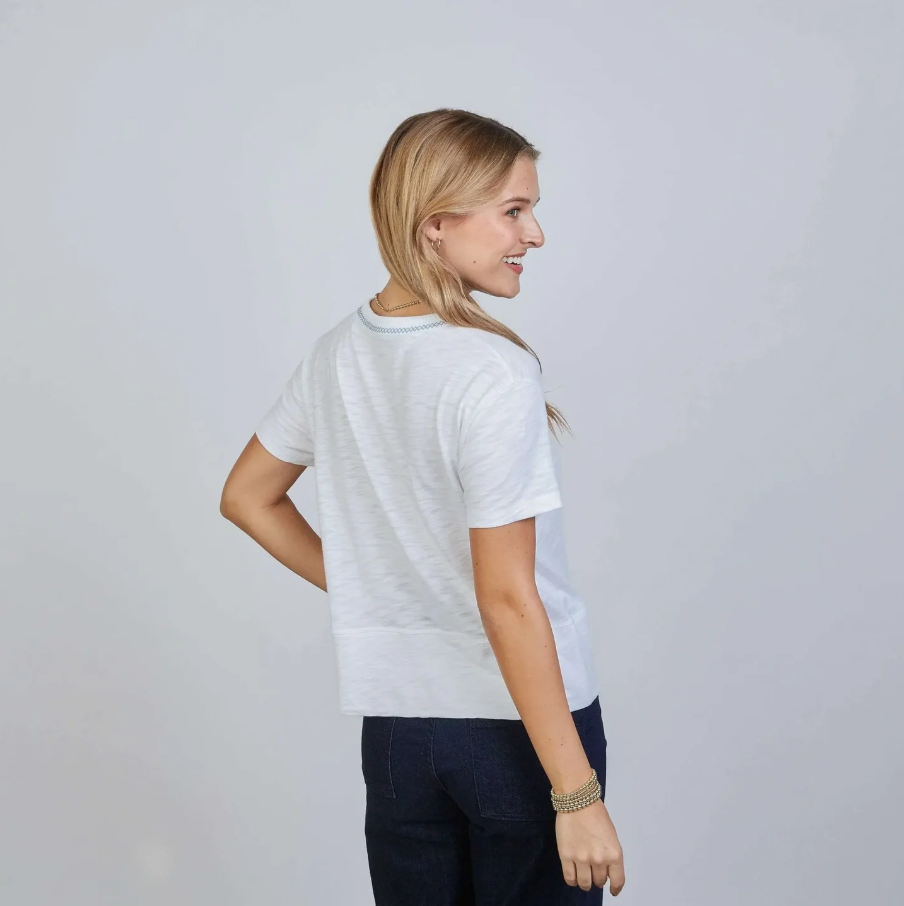 Charli Tee, White w/ Dusty Blue Stitching