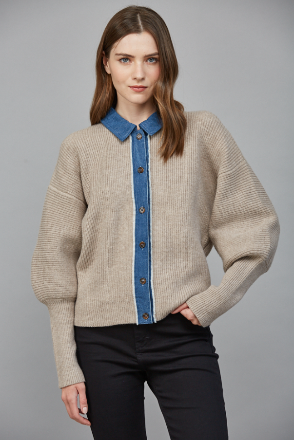 Knit Cardigan w/ Denim Collar, Light Mocha
