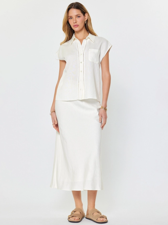 Linen Blend Cap Sleeve Blouse, White - 13 Hub Lane   |  Button-Ups