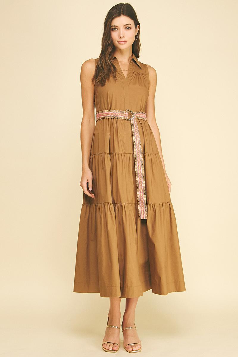 Tiered Midi Dress w/ Belt, Mocha