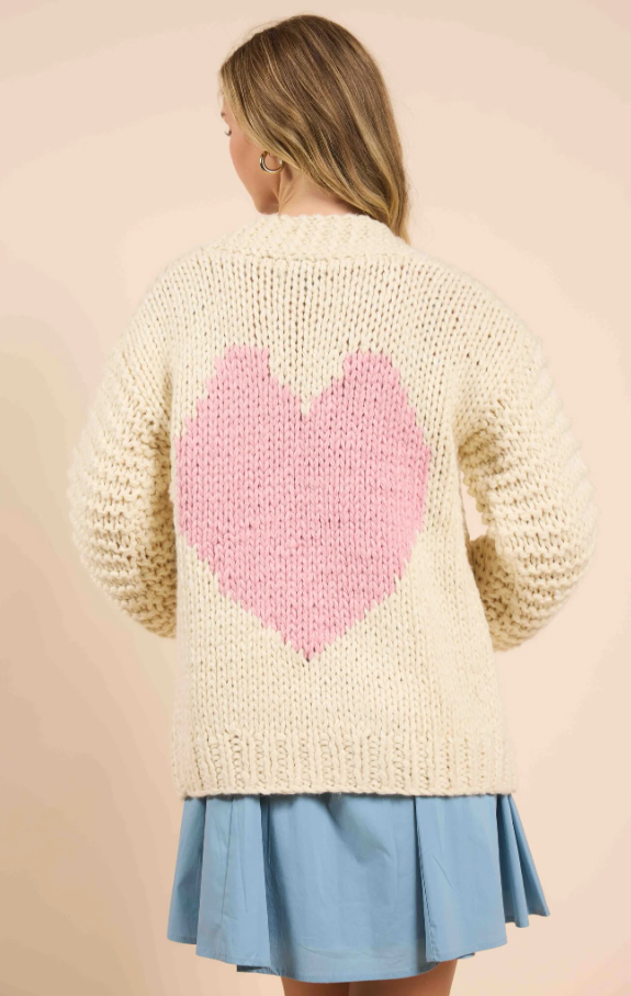 Heart You Handknit Cardigan, Ivory Pink