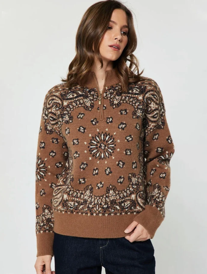 Paisley Jacquard Half-Zip, Caramel