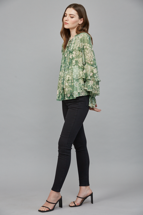 Chiffon & Lurex Ruffle Blouse, Green Multi