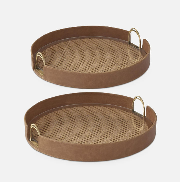 Leather & Cane Tray w/ Stirrup Handles