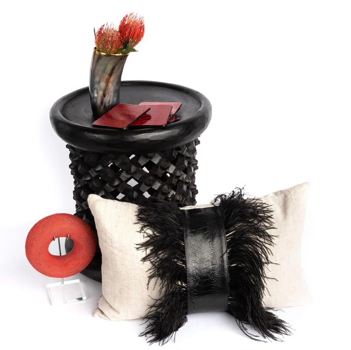 Ostrich Trim Linen Lumbar Pillow, Black Natural - 13 Hub Lane   |  Ostrich Lumbars