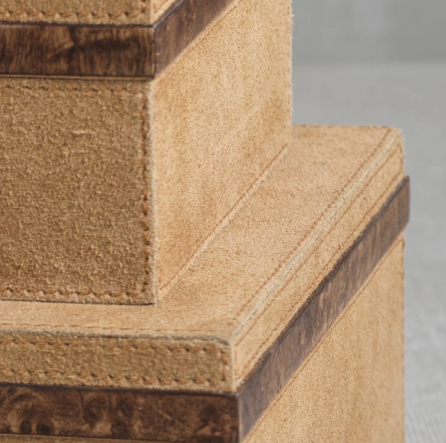 Cortina Suede Box w/ Burl Wood Trim - 13 Hub Lane   |  Decorative Boxes