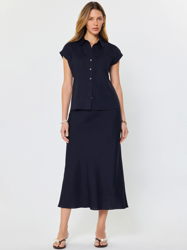 Linen Blend Cap Sleeve Blouse, Navy - 13 Hub Lane   |  Button-Ups