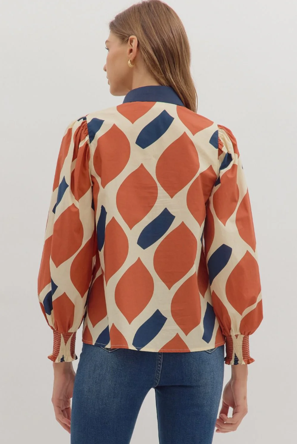 Geometric V-Neck Top, Ecru & Rust